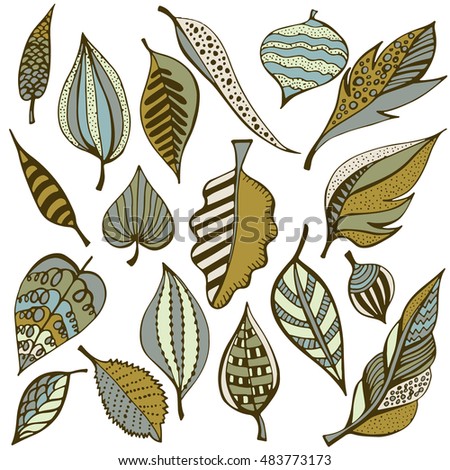 Hand drawn vector illustration with collection of leaves in doodle style. Autumn natural design for greeting card. Sketch  background.