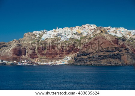 Beautiful landscape view from the sea at Santorini island, Greece. 