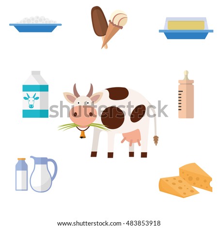 Cow and dairy products icons. Milk, cheese, butter, ice cream. Vector illustration