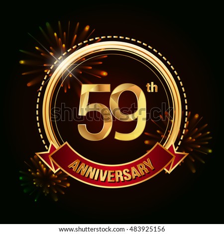 59th anniversary logo golden colored using ring, red ribbon, and fireworks background