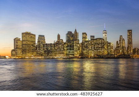Manhattan waterfront at night, New York City, USA.
