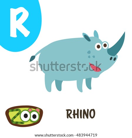 Cute zoo alphabet in vector. R for Rhino
