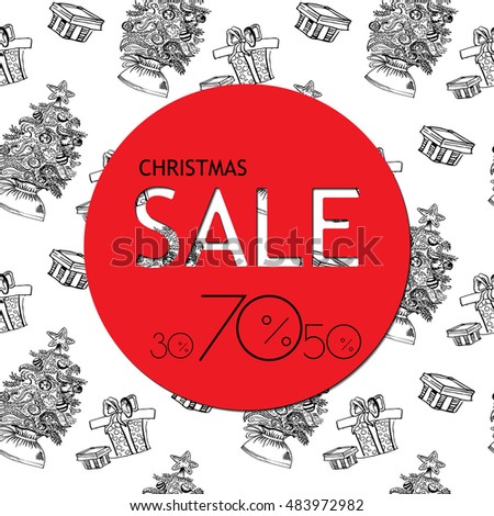 Christmas Sale banner with red sticker on the white background. Vector illustration
