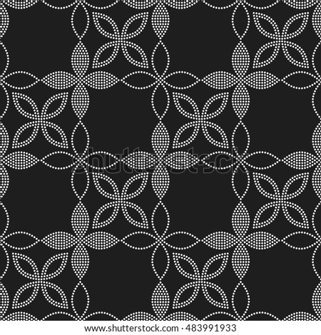 Tiled seamless flower pattern with dotted petals. Floral motif. Beads. Garlands. Abstract black and white mosaic background. Vector illustration. Royalty-Free Stock Photo #483991933