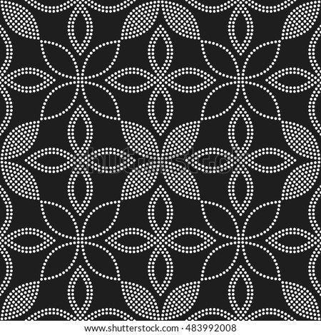 Tiled seamless flower pattern with dotted petals. Floral motif. Beads. Garlands. Abstract black and white mosaic background. Vector illustration. Royalty-Free Stock Photo #483992008