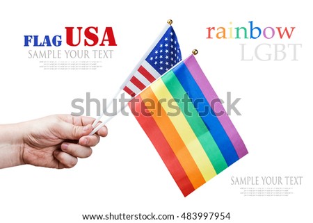 American and rainbow flag of the LGBT community in the hand. Isolated on white background