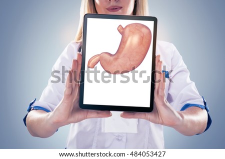 Doctor holding human organs and tablet , gray background. High resolution.