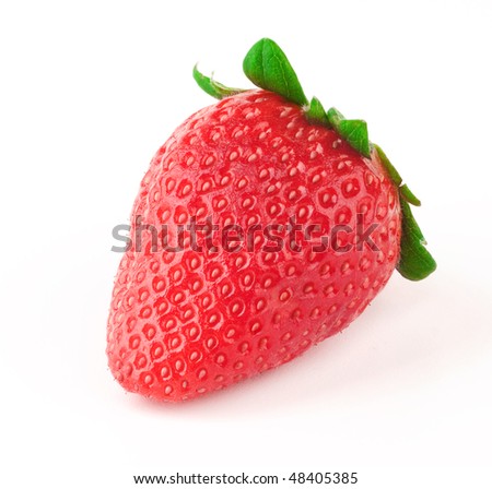 Ripe strawberry with green leaf on white background