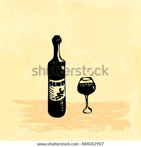 Hand drawn doodle bottle of wine and a glasses. Black illustration, yellow background.