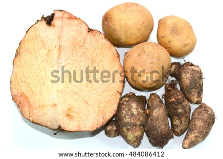 Root vegetables yam, potato and taro on white background.
