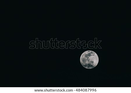 View of full moon, planet through telescope, astronomy illustration, lunar landscape