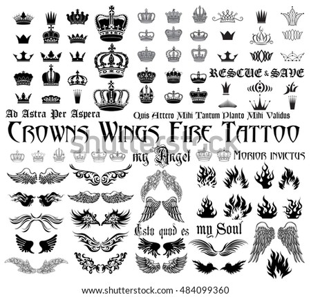 Set of black and white design elements for tattoo monograms. 