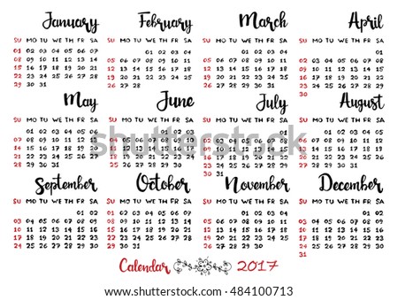 Hand drawn calendar 2017. Week starts on Sunday. Modern vector calligraphy. Months of the year lettering for your design