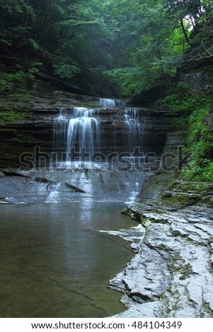 Misty Waterfalls And Stream In Ravine - Buttermilk Falls State Park, NY