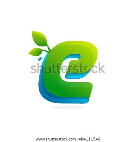 Letter E logo formed by ribbon with leaves and drops. Font style, vector elements for posters, t-shirts and cards.
