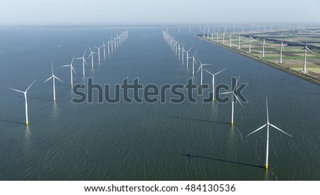 Aerial view of windpark in the Dutch Noordoostpolder, Flevoland and the IJsselmeer, near the town of Urk.