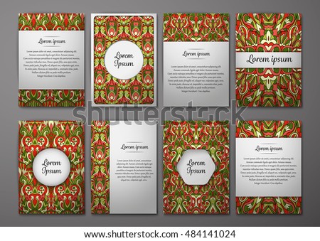 Flyers template set with complicated abstract ornament pattern. Vector greeting card design. Front page and back page.