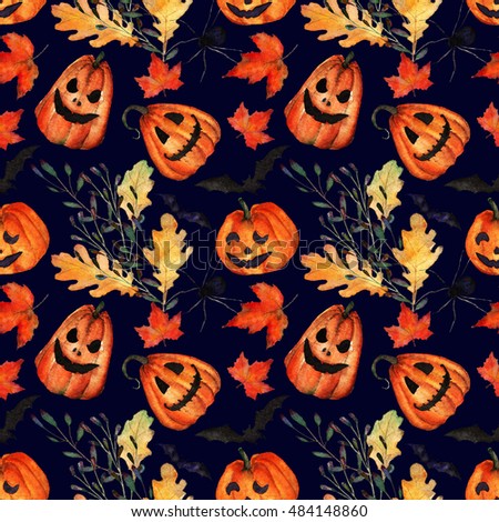 Halloween, watercolor, handmade,pumpkins and autumn leaves,bats and spiders,seamless pattern,black background