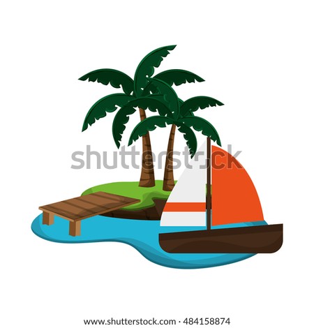 tropical island and sail boat icon
