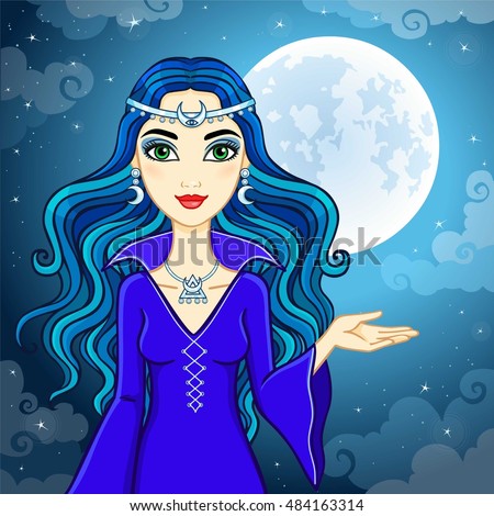 Animation cute witch  on a background of the night sky and the moon. Vector illustration