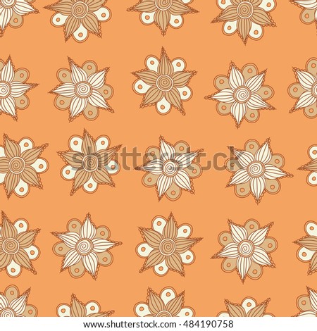 Vector seamless pattern of stylized floral motif, flowers, hole, spots, doodles on orange background. Hand drawn. Seamless floral background.