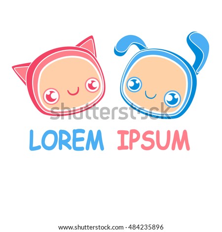 Baby shop logo. Cute baby pink cat and blue bunny, pretty face with big eyes, isolated, vector