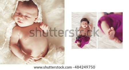 Collage of photos with baby girl lying in bed 
