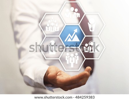 Businessman holds out his hand icons graphics and business team in a stroke of hexagons. Businesswoman hold chart button with team businessman. Graph icon with network group. Diagram. Communication.