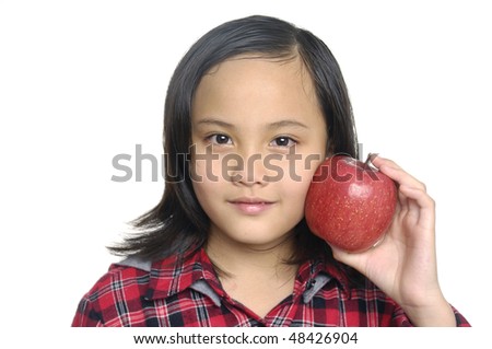 Close up child with apple a over white