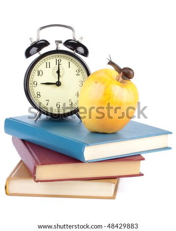 The garden snail, alarm clock, books and apple on a white background. Back to school.