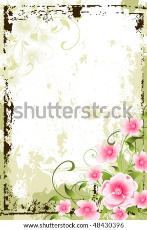 Grungy Flowers Frame background. Card or invitation template. Vector eps Illustration.