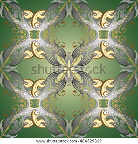 Seamless vintage pattern on green background with golden and silver elements.