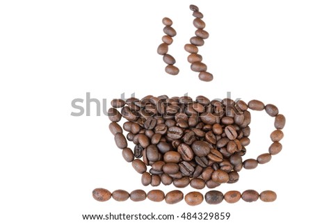 Coffee cup and steam made from beans, grain. Isolated on white background. Retro