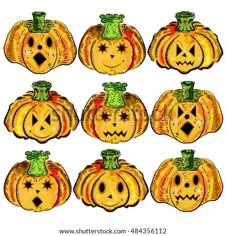 Set of Pumpkins with different emotions, Cartoon halloween style
