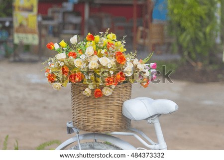  retro bicycle with basket and  flowers on grass with Soft Focus Color Filtered background