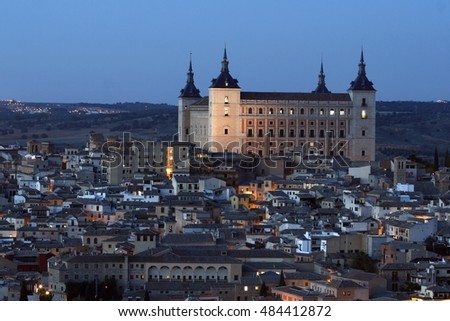 Night photography Alcázar of Toledo, Castilla La Mancha, Spain, unlit, only ambient lights, next to the River Tagus, 