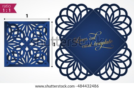 Flourish wedding invitation card vector with laser cut pattern. May be used for card making, paper cutting & wedding stationery. Square wedding envelope  laser-cut design. 
