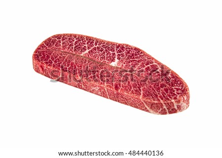 Close-up view of Australia wagyu oyster blade on white background. Royalty-Free Stock Photo #484440136
