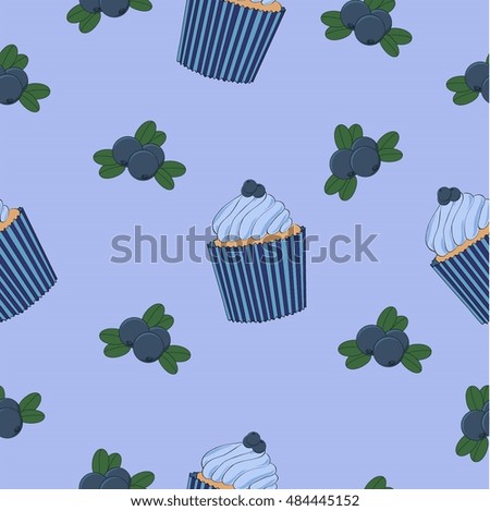 Seamless vector pattern/ Blueberries and blueberry cupcakes on the light blue background.