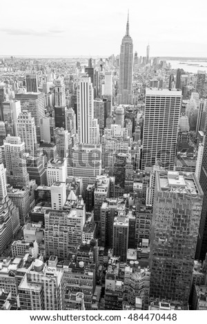 View of Midtown Manhattan New York City skyline in monochrome black and white