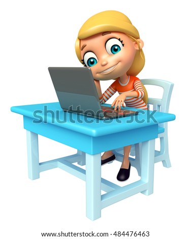 3d rendered illustration of kid girl with Table chair and Laptop