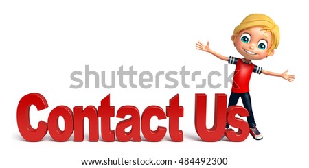 3d rendered illustration of kid boy with contact us 