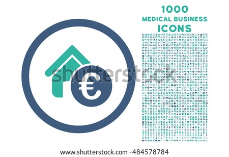 Euro Home Rent rounded vector bicolor icon with 1000 medical business icons. Set style is flat pictograms, cobalt and cyan colors, white background.