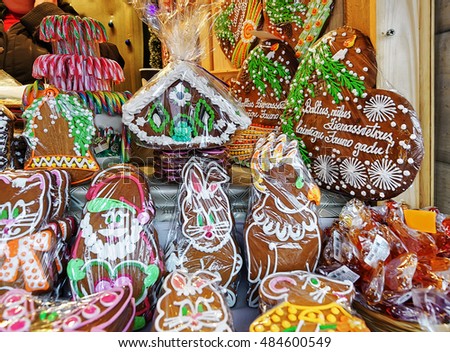 One of the most traditional sweet treats which are gingerbreads pictured at the Christmas Market in Riga, Latvia. They can be found at different sizes and icing.