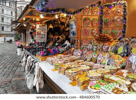 One of the most traditional sweet treats which are gingerbreads pictured at the Christmas Market in Riga in Latvia. They can be found in different sizes and icing.