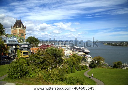 Scenic view of Chateau Frontenac and St-Lawrence river in Quebec city, Canada. Royalty-Free Stock Photo #484603543