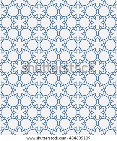 Seamless geometric line pattern in arabian style, ethnic ornament. Endless hexagonal texture for wallpaper, banners, invitation cards. Blue and white graphic lace background
