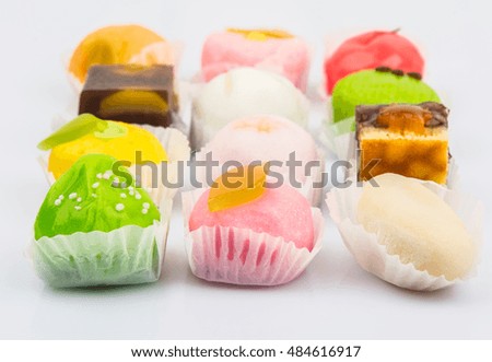 Traditional Japanese sweet confectionery locally known as wagashi over white background