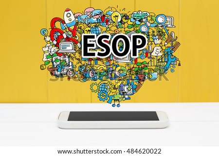 ESOP concept with smartphone on yellow wooden background