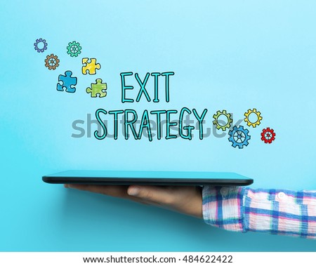 Exit Strategy concept with a tablet on blue background